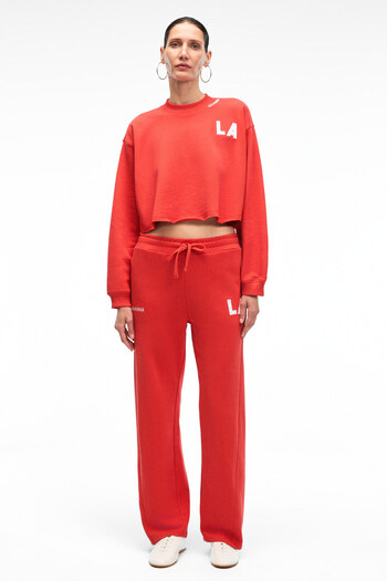GRIMELANGE Avenza Women's Embroidery Detailed Side Pockets Regular Wide Leg Red Sweatpants