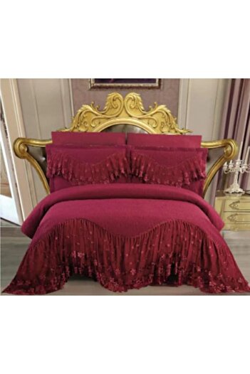 JOJO HOME Cuvertura si fete de perna Lux Matlasate, cu volanase brodate, Jojo Home, 3 piese, 2 persoane, 220x2