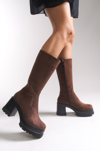 Riccon Lvamel Women's Below the Knee Heeled Boots 0012501 Brown Suede