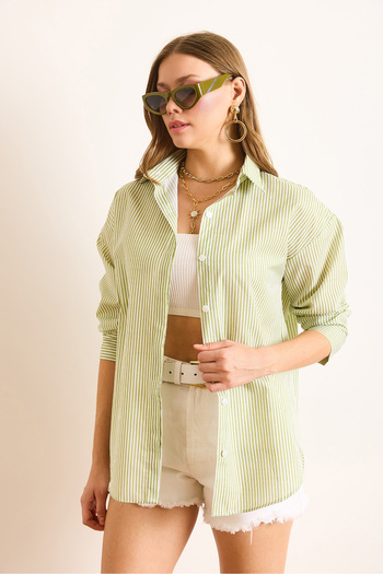 Olalook Women's Striped Green Hidden Placket Poplin Shirt Gml-19000867