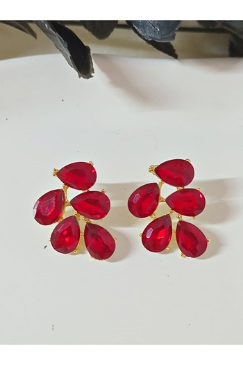 mos&more Red Gold Crystal Stone Leaf Earrings