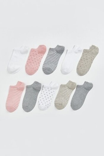 LC Waikiki , Set of socks with pattern and plain design - 10 pairs, Pastel pink, Optical white, Light