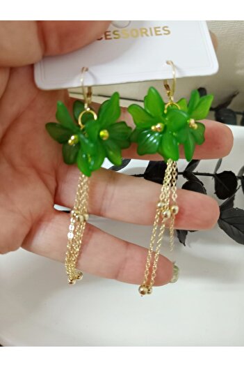 mos&more Dark Green Flower Gold Dangle Long Women's Earrings