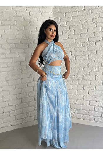 moneta boutique Set crop și fustă cu model șal pentru femei