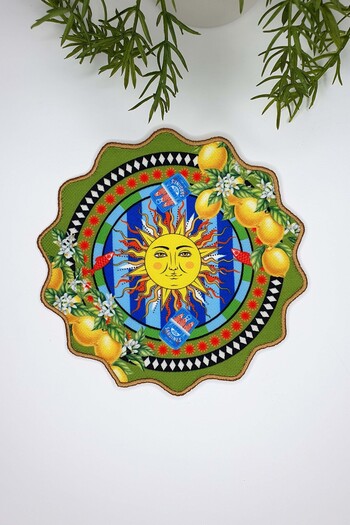 decofav Sole in Sicily Sun Patterned Green Embroidery Edge Cocktail Napkin 1 Piece