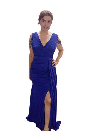 ZY BUTİK Saks Blue Plus Size Shoulder Bead Detail Double Breasted Neckline Floor Length Mermaid Evening Dress
