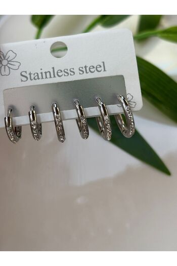 Blotch Set of 6 Zircon Stone Hoop Earrings Silver Color 1 Cm-1.2 Cm-1.5 cm