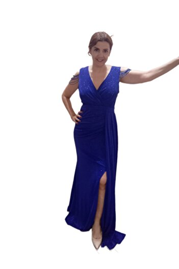 ZY BUTİK Saks Blue Plus Size Shoulder Bead Detail Double Breasted Neckline Floor Length Mermaid Evening Dress