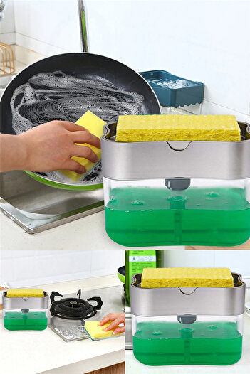tafce Two-in-One Push-Push Practical Liquid Soap Dispenser Pump and Dishwashing Sponge Chamber