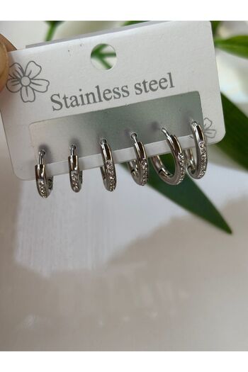 Blotch Set of 6 Zircon Stone Hoop Earrings Silver Color 1 Cm-1.2 Cm-1.5 cm