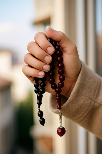 seymenbıçakçılık Natural Scented Andiz Tree Prayer Beads & Black Thick Prayer Beads Set – Handmade, Gift Packaged