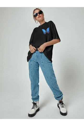 donamod Blue Butterfly Printed Oversize Cotton Combed Fabric Black Tshirt