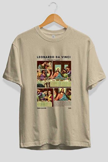 Ankhises Leonardo Da Vinci μπροστινό εμπριμέ μπλουζάκι Oversize Ανδρικό Γυναικείο Βαμβακερό μπλουζάκι με λαιμόκοψη