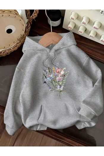 caddekombin Mini Flower Bouquet Printed Hooded Pocket Cotton Gray Sweatshirt