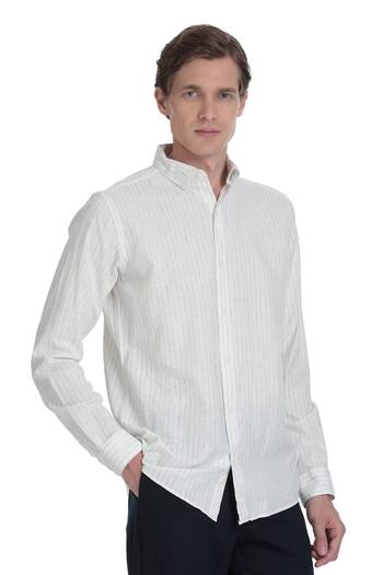 Hatemoğlu Navy Blue Comfort Fit Striped Button Collar Cotton-Linen Long Sleeve Shirt