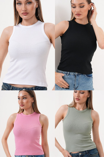 Pinpery Women's Basic 4-Piece Halter Neck Ribbed Camisole Cotton Blouse