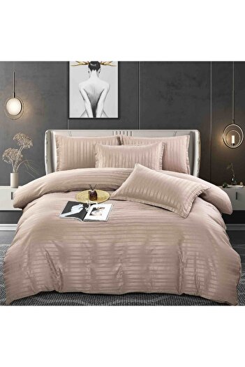 JOJO HOME Lenjerie de Pat Damasc 6 Piese, Dungi Duble, 230x240 cm Bej