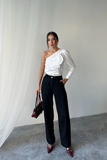 VAGGON Women's Black Double Pocket Pleated High Waist Pants Vs00673