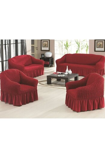 Bacio Set covers for 3-seat sofa, 2-seat sofa, and 2 armchairs, burgundy red, elastic