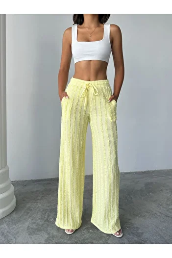 BE CHİC Women's High Waist Lace up Self Striped Detail Baggy Pants with Pockets Flawless Palazzo Pants Rd1105