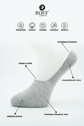 ROFF ÇORAP Roff Cotton Men's Ballerina Socks Seamless Invisible Anti-Slip Silicone Pack of 6