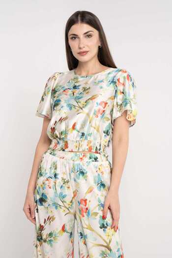 Nichii Women's High-Waisted Floral Blouse with Loose Short Sleeves
