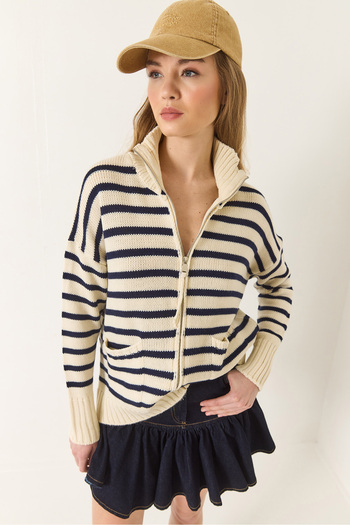 Bianco Lucci Women's Striped Zippered Knitwear Cardigan 20246314