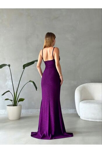Bellucia Sequin Textured Slit Detailed Strap Evening Dress