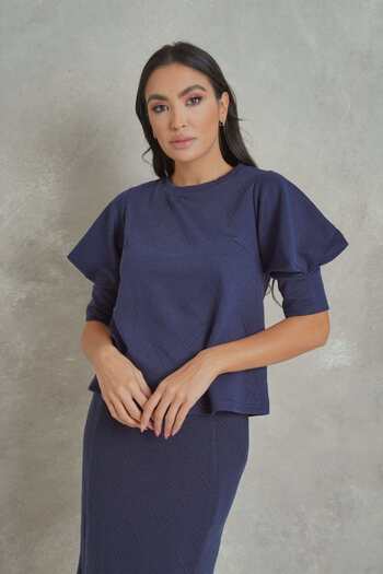 Nichii Classic Solid Blouse with Embroidery, Puff Short Sleeves -