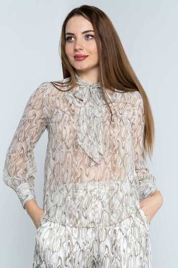 Nichii Camouflage Print Long Sleeve Blouse with Neck Tie