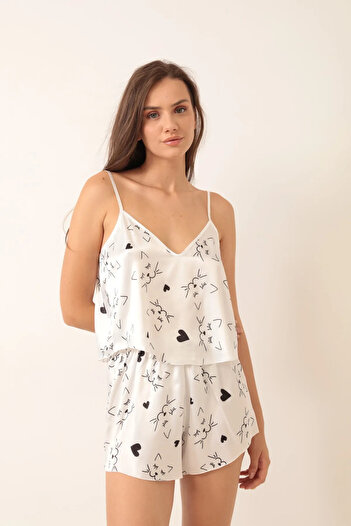 CLADİS Patterned Satin Shorts Set Stylish Nightwear & Pajamas Set