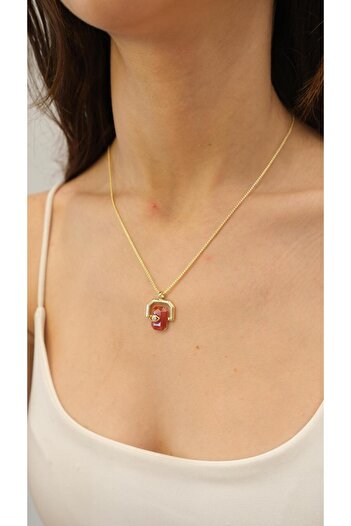 Jerie Gold Oval Tasarım Bordo Taş Nazar Kolye