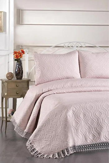 Çeyiz Diyarı Zoya Lace Quilted Ultrasonic Double Bedspread Powder