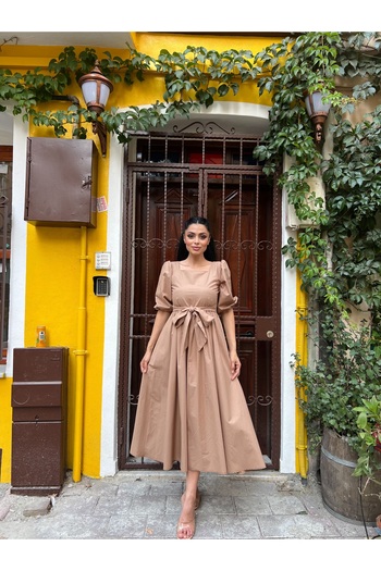 KÜÇÜĞÜM BUTİK Milky Coffee Big Bow Square Neck Poplin Flared Dress
