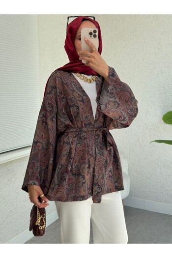 Modamorfo Ethnic Patterned Lace-Up Kimono -Coffee
