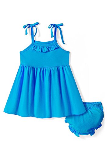 Babyhug Frill Detailing Solid Frock with Bloomer - Blue