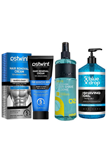 Ostwint Depilatory Cream Sensitive Skin - 100ml (men), Shaving Gel - 1000ml, Aftershave Cologne 02 - 400ml