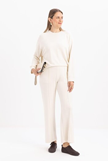 ALLDAY Ecru-Large Leg Slit Lycra Knitted Trousers