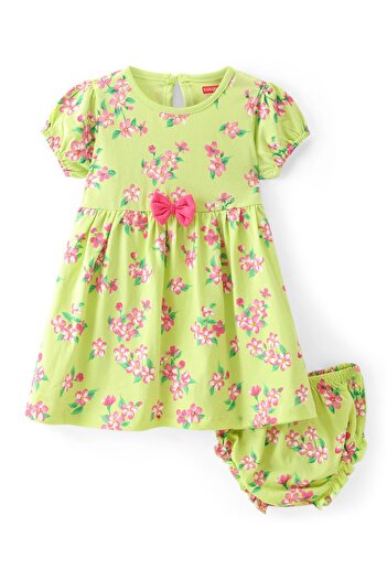 Babyhug Single Jersey Knit Floral Printed Frock with Bloomer & Bow Applique - Yellow