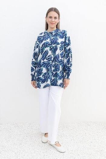 ALLDAY Blue-Ecru-Patterned Sleeve Gipeli Shirt