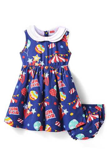 Babyhug Frock & Bloomer with Fun Fair Print & Frill Detailing - Navy Blue