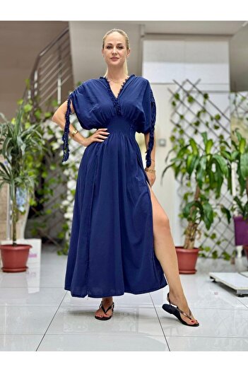 Punta Otantik PT242500 Rochie din bumbac cu decolteu elastic, cu ciucuri la umeri, cu deschidere adâncă, albastru bleumarin
