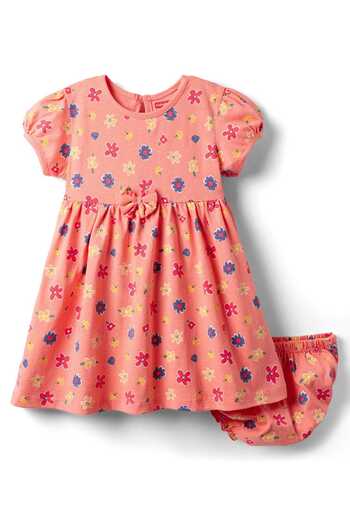 Babyhug Single Jersey Floral Printed Frock with Bloomer and Bow Applique - Orange