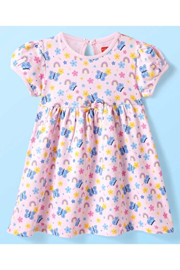 Babyhug Single Jersey Knit Half Sleeves Floral & Butterfly Frock Bow Applique & Bloomer-Pink