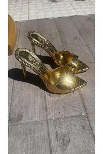 Sibel Shoes Olympos Gold Patterned Leather Thin Heel Slippers