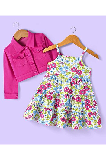 Babyhug Cotton Knit Solid Color Jacket with Floral Printed Tiered Frock - White and Dark Pink