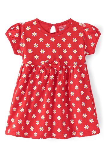Babyhug Sinker Knit Half Sleeves Floral Printed Frock with Bloomer & Bow Applique - Red
