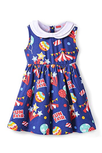 Babyhug Frock & Bloomer with Fun Fair Print & Frill Detailing - Navy Blue