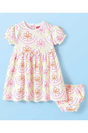 Babyhug Puffed Sleeves Floral Printed Frock with Bow Applique & Bloomer - White