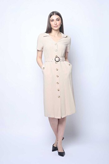 mica Women's Solid Midi Dress with Short Sleeves and Wide Collar, Seven Buttons